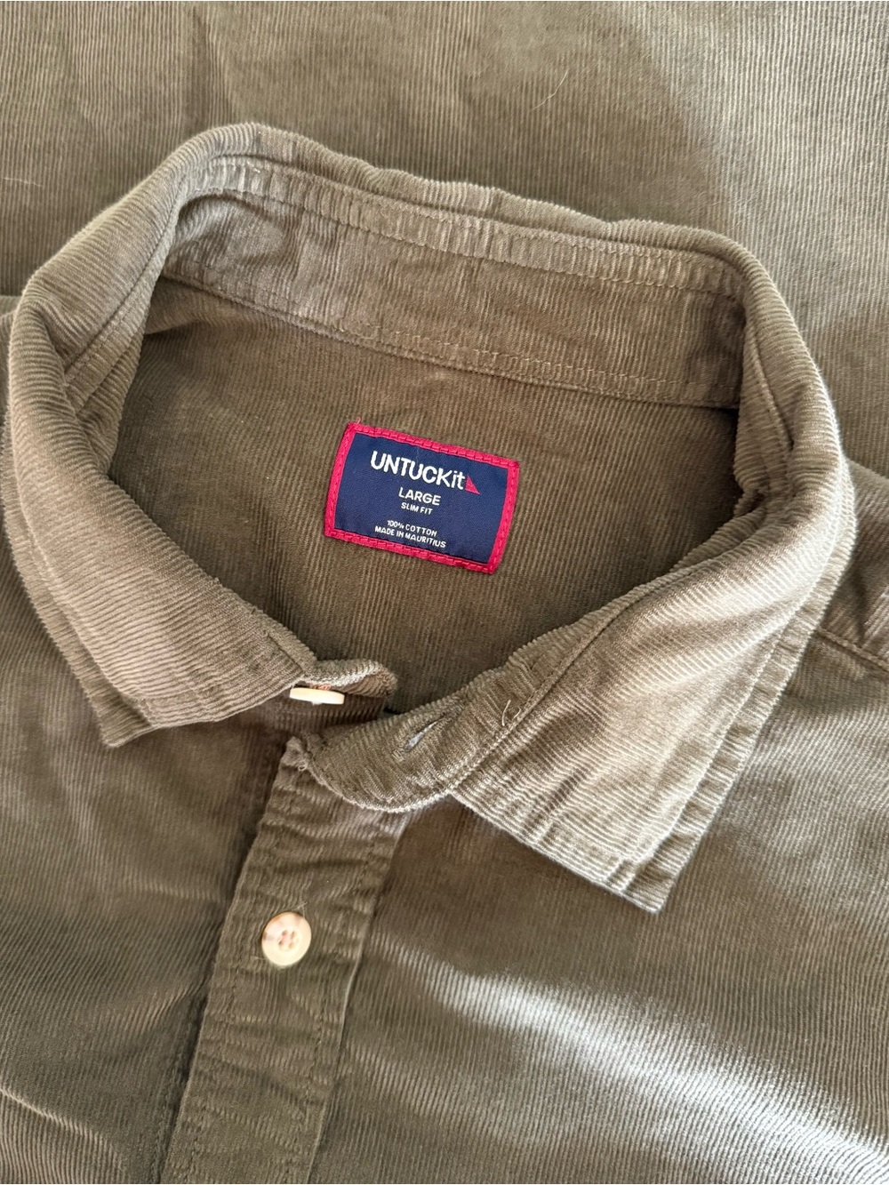 Untuckit Men’s Green Brown Slim Fit Corduroy Button Down Shirt Size Large
